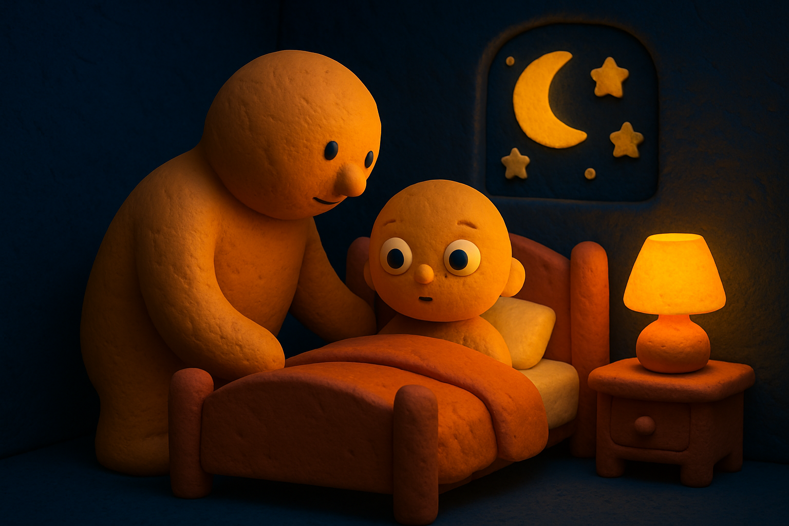 Illustration clay : parent veillant doucement sur un enfant endormi dans sa chambre étoilée